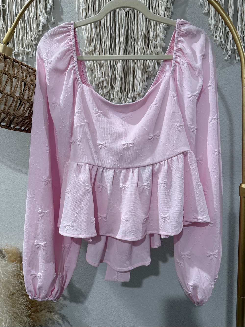 Altar'd State Light Pink Peplum Long-Sleeve Blouse